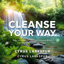 A flat book cover design titled "Cleanse Your Way" by Cyrus Larkspur, featuring a realistic serene nature scene with lush greenery and a tranquil waterfall in the background