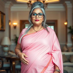 A voluptuous, full-figured, 55-year-old mature housewife from a small town, embodying a plus-size seductive rich lady