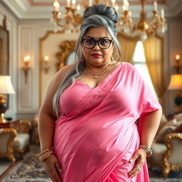 A voluptuous, full-figured, 55-year-old mature housewife from a small town, embodying a plus-size seductive rich lady