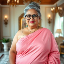 A voluptuous, full-figured, 55-year-old mature housewife from a small town, embodying a plus-size seductive rich lady