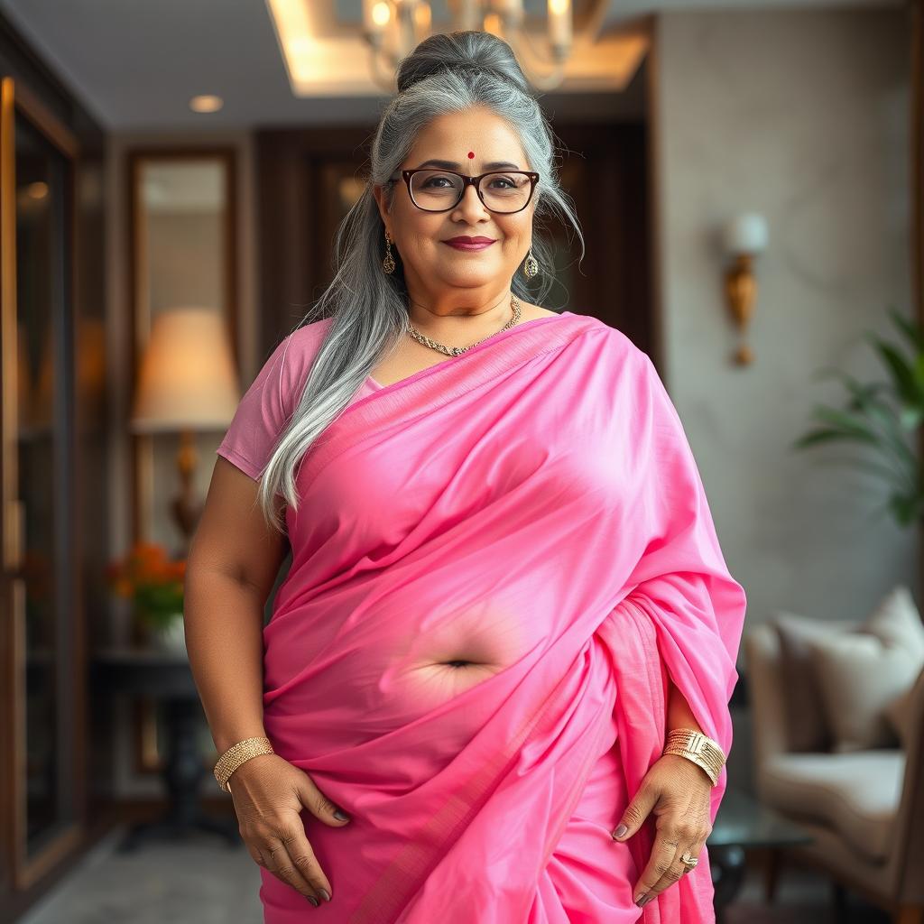 A voluptuous, full-figured, 55-year-old mature housewife from a small town, embodying a plus-size seductive rich lady