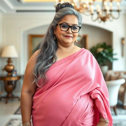 A voluptuous, full-figured, 55-year-old mature housewife from a small town, embodying a plus-size seductive rich lady
