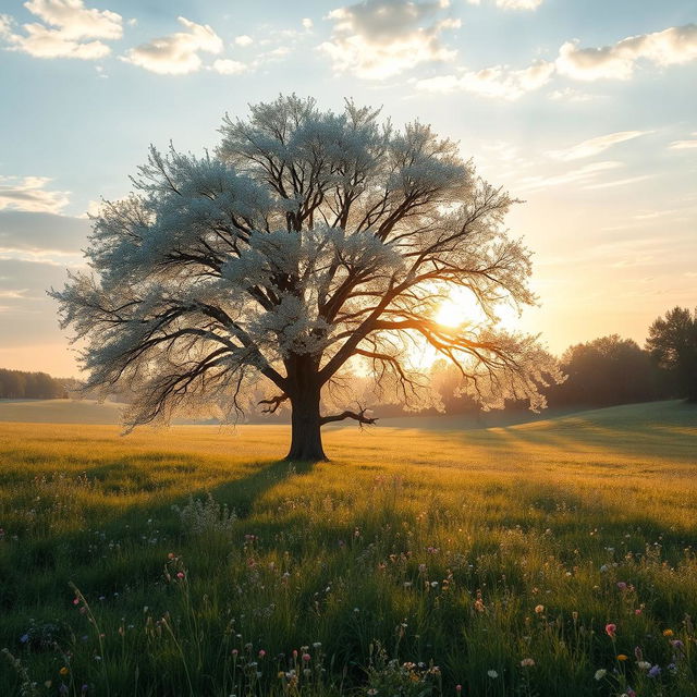 A serene and atmospheric landscape featuring a pale oak tree