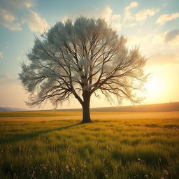 A serene and atmospheric landscape featuring a pale oak tree