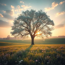 A serene and atmospheric landscape featuring a pale oak tree