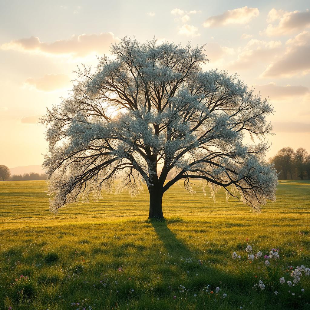 A serene and atmospheric landscape featuring a pale oak tree