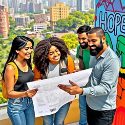 A diverse group of people from different backgrounds, cultures, and ages coming together in a vibrant urban setting, enthusiastically collaborating on projects that symbolize unity and progress for their country