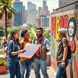 A diverse group of people from different backgrounds, cultures, and ages coming together in a vibrant urban setting, enthusiastically collaborating on projects that symbolize unity and progress for their country