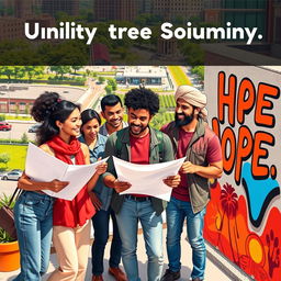 A diverse group of people from different backgrounds, cultures, and ages coming together in a vibrant urban setting, enthusiastically collaborating on projects that symbolize unity and progress for their country
