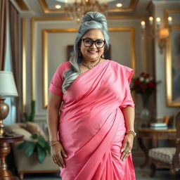A voluptuous, full-figured, 55-year-old mature housewife from a small town, showcasing her identity as a plus-size seductive rich lady