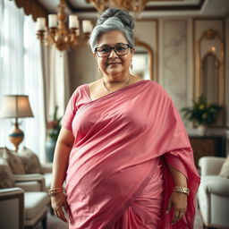 A voluptuous, full-figured, 55-year-old mature housewife from a small town, showcasing her identity as a plus-size seductive rich lady