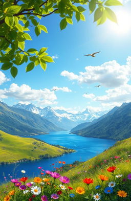 A stunning digital painting of a beautiful nature landscape, featuring lush green hills, colorful wildflowers in the foreground, and a serene blue lake reflecting the sky