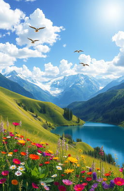 A stunning digital painting of a beautiful nature landscape, featuring lush green hills, colorful wildflowers in the foreground, and a serene blue lake reflecting the sky