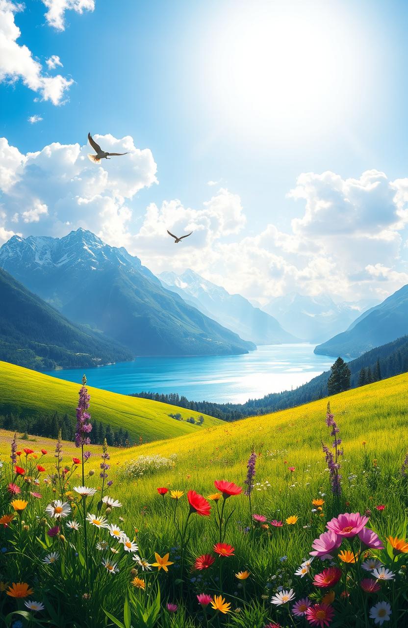 A stunning digital painting of a beautiful nature landscape, featuring lush green hills, colorful wildflowers in the foreground, and a serene blue lake reflecting the sky