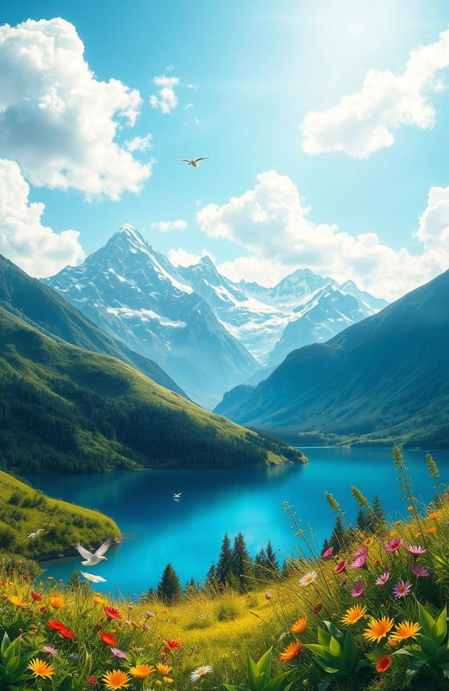 A stunning digital painting of a beautiful nature landscape, featuring lush green hills, colorful wildflowers in the foreground, and a serene blue lake reflecting the sky