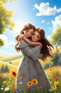 A heartwarming digital painting of a mother and her daughter sharing a loving embrace in a beautiful natural setting