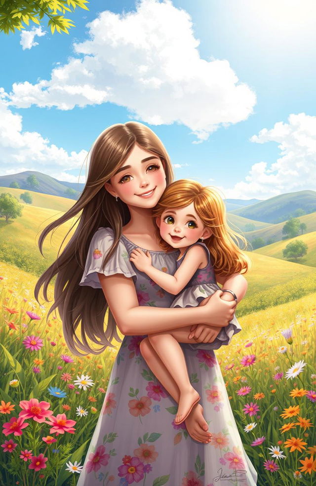 A heartwarming digital painting of a mother and her daughter sharing a loving embrace in a beautiful natural setting