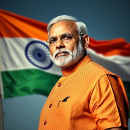 A powerful portrait of Narendra Modi, the Prime Minister of India, featuring him in a vibrant traditional attire, with an intense expression on his face
