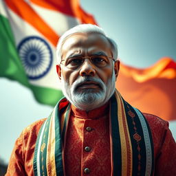 A powerful portrait of Narendra Modi, the Prime Minister of India, featuring him in a vibrant traditional attire, with an intense expression on his face