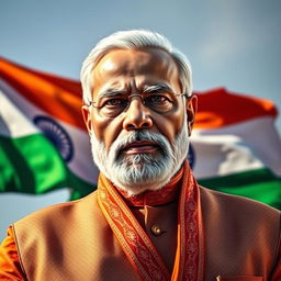 A powerful portrait of Narendra Modi, the Prime Minister of India, featuring him in a vibrant traditional attire, with an intense expression on his face