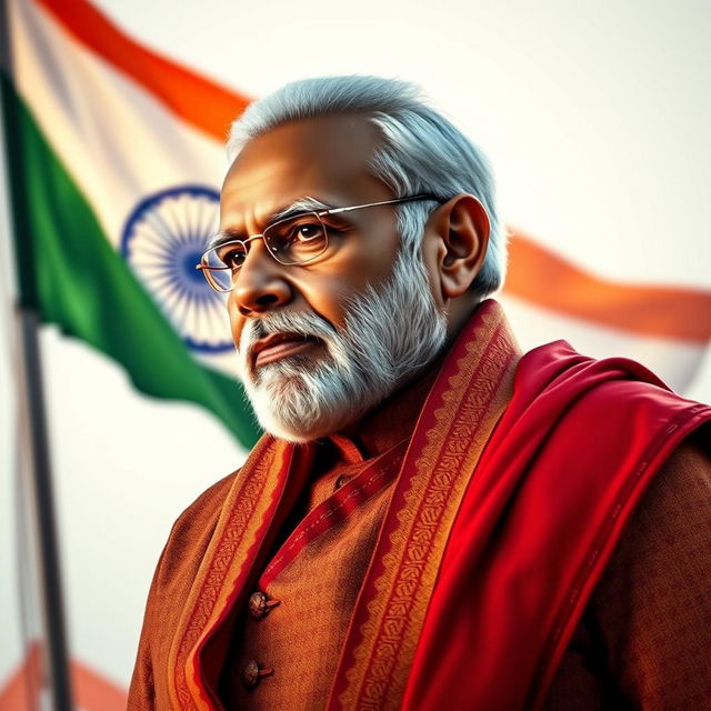 A powerful portrait of Narendra Modi, the Prime Minister of India, featuring him in a vibrant traditional attire, with an intense expression on his face