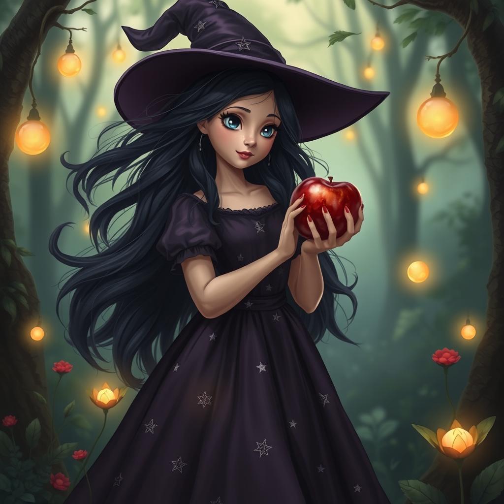 A magical young witch with flowing dark hair, wearing a beautiful, flowing dark purple dress adorned with silver stars, standing in an enchanting forest