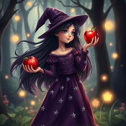 A magical young witch with flowing dark hair, wearing a beautiful, flowing dark purple dress adorned with silver stars, standing in an enchanting forest