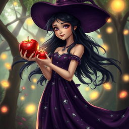 A magical young witch with flowing dark hair, wearing a beautiful, flowing dark purple dress adorned with silver stars, standing in an enchanting forest