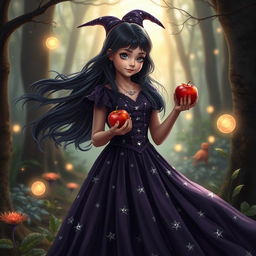 A magical young witch with flowing dark hair, wearing a beautiful, flowing dark purple dress adorned with silver stars, standing in an enchanting forest
