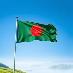 A beautiful depiction of the national flag of Bangladesh, featuring a vibrant green field symbolizing the lush landscapes of the country, with a bold red circle representing the blood of those who sacrificed for independence