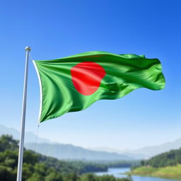 A beautiful depiction of the national flag of Bangladesh, featuring a vibrant green field symbolizing the lush landscapes of the country, with a bold red circle representing the blood of those who sacrificed for independence