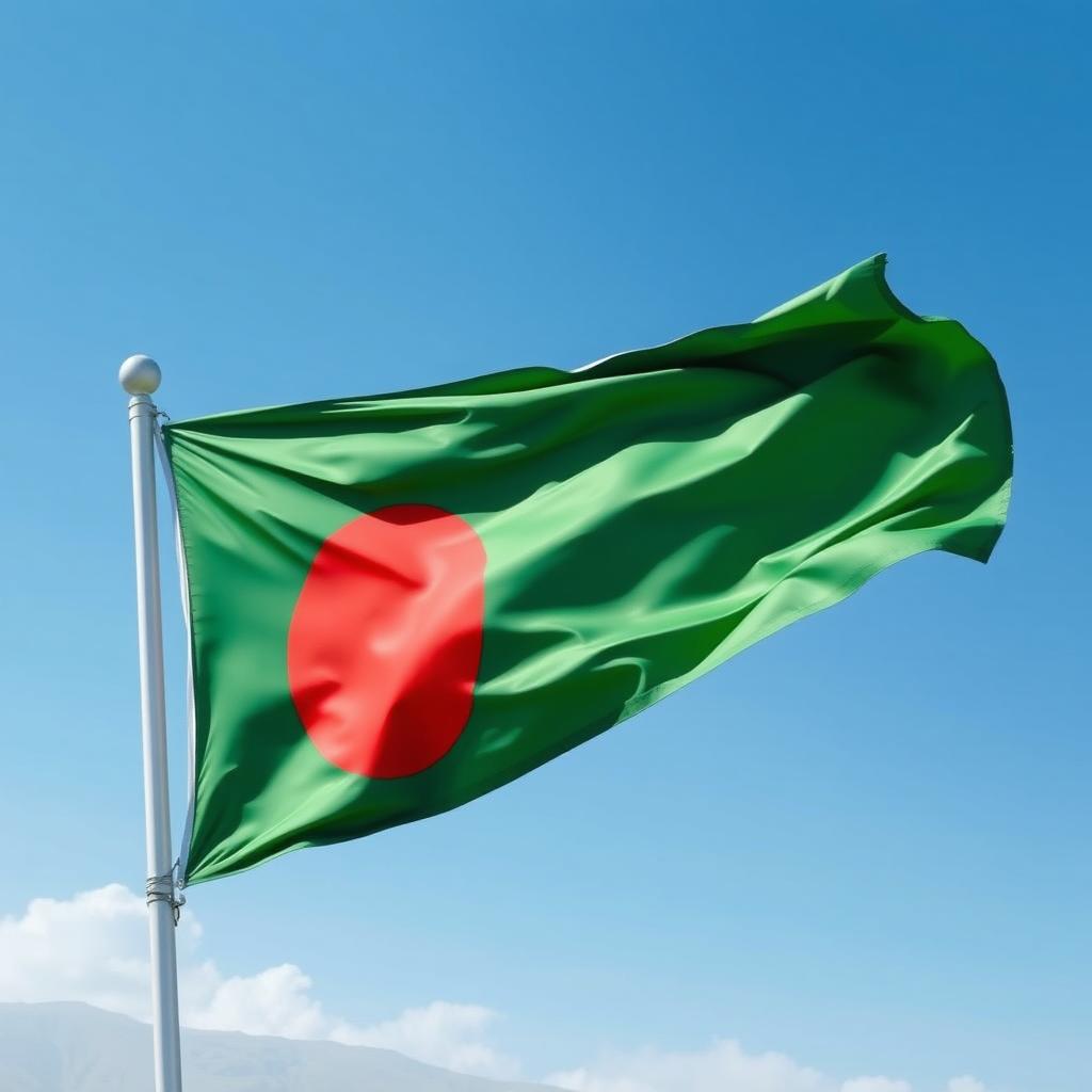 A beautiful depiction of the national flag of Bangladesh, featuring a vibrant green field symbolizing the lush landscapes of the country, with a bold red circle representing the blood of those who sacrificed for independence