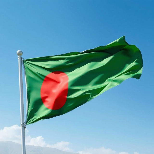 A beautiful depiction of the national flag of Bangladesh, featuring a vibrant green field symbolizing the lush landscapes of the country, with a bold red circle representing the blood of those who sacrificed for independence