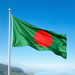A beautiful depiction of the national flag of Bangladesh, featuring a vibrant green field symbolizing the lush landscapes of the country, with a bold red circle representing the blood of those who sacrificed for independence