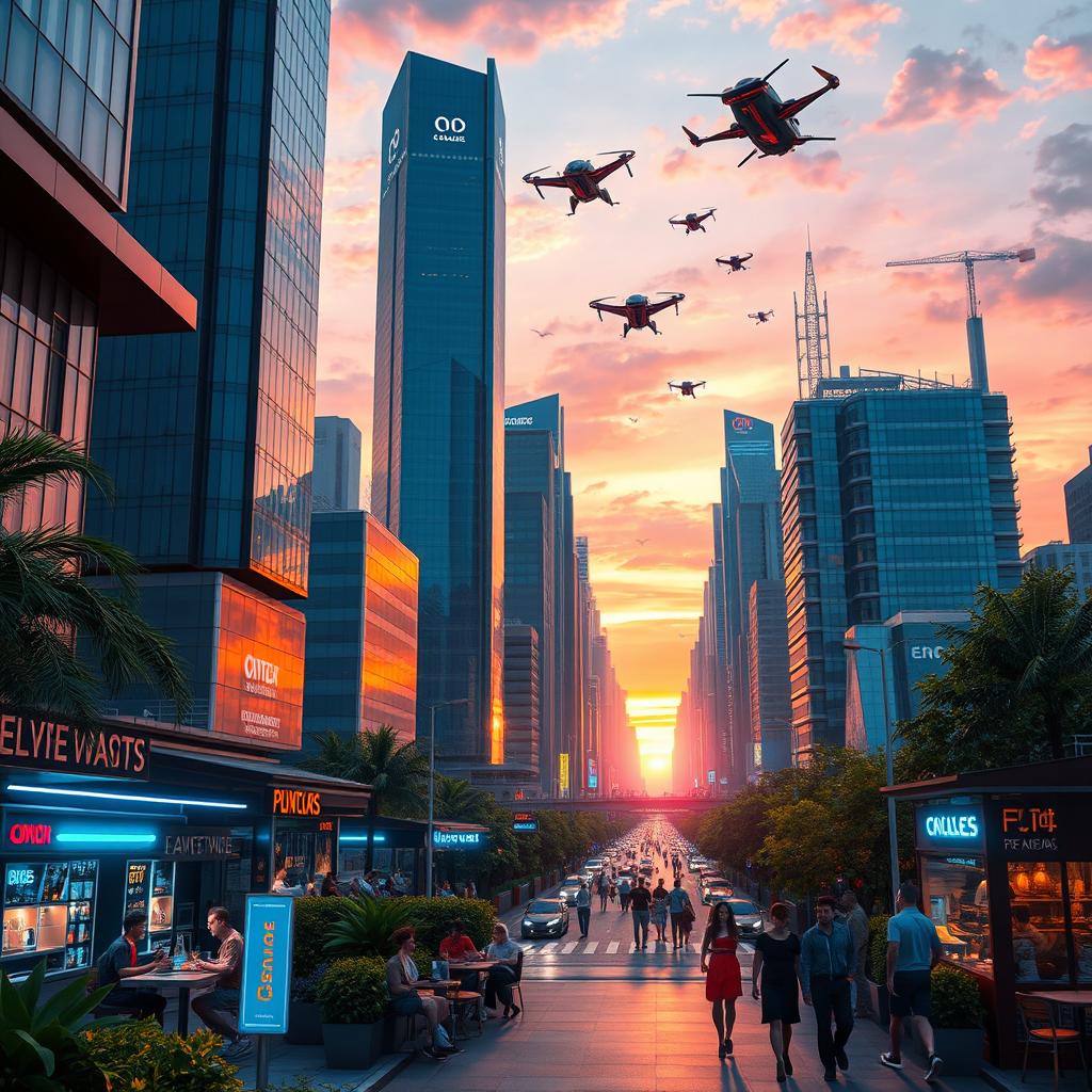 A futuristic cityscape at sunset, showcasing towering skyscrapers with reflective glass surfaces, flying vehicles zipping through the sky, and vibrant neon lights illuminating the streets below