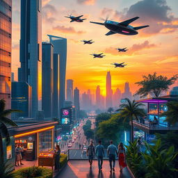 A futuristic cityscape at sunset, showcasing towering skyscrapers with reflective glass surfaces, flying vehicles zipping through the sky, and vibrant neon lights illuminating the streets below