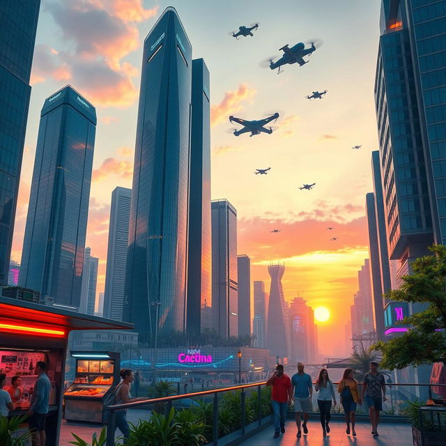 A futuristic cityscape at sunset, showcasing towering skyscrapers with reflective glass surfaces, flying vehicles zipping through the sky, and vibrant neon lights illuminating the streets below