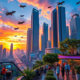 A futuristic cityscape at sunset, showcasing towering skyscrapers with reflective glass surfaces, flying vehicles zipping through the sky, and vibrant neon lights illuminating the streets below