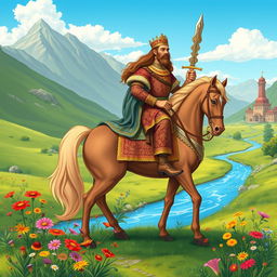 An epic illustration of Siavash from the Shahnameh, adorned in Persian royal attire with intricate patterns, sitting proudly on a majestic horse