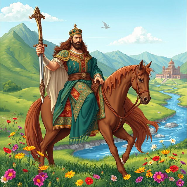 An epic illustration of Siavash from the Shahnameh, adorned in Persian royal attire with intricate patterns, sitting proudly on a majestic horse