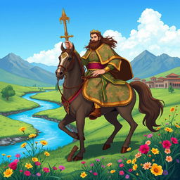An epic illustration of Siavash from the Shahnameh, adorned in Persian royal attire with intricate patterns, sitting proudly on a majestic horse