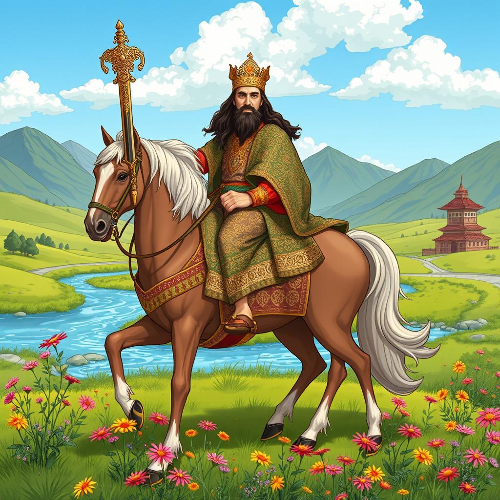 An epic illustration of Siavash from the Shahnameh, adorned in Persian royal attire with intricate patterns, sitting proudly on a majestic horse