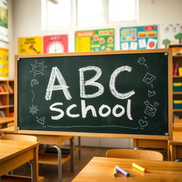 A close-up shot of a neatly written chalkboard that says 'ABC School' in vibrant white chalk