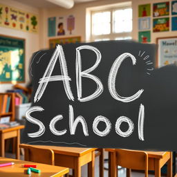 A close-up shot of a neatly written chalkboard that says 'ABC School' in vibrant white chalk