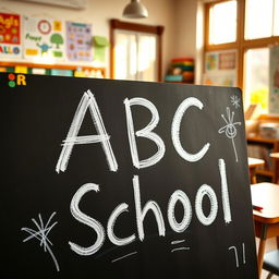 A close-up shot of a neatly written chalkboard that says 'ABC School' in vibrant white chalk