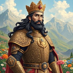 A regal and heroic portrait of Siavash from the Shahnameh, wearing ornate Persian armor adorned with intricate patterns, featuring a flowing cape and a jeweled crown