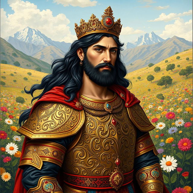 A regal and heroic portrait of Siavash from the Shahnameh, wearing ornate Persian armor adorned with intricate patterns, featuring a flowing cape and a jeweled crown