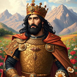 A regal and heroic portrait of Siavash from the Shahnameh, wearing ornate Persian armor adorned with intricate patterns, featuring a flowing cape and a jeweled crown