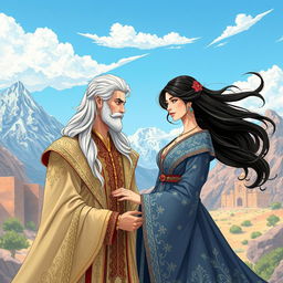 A captivating illustration of Zal and Mahreb Kabuli's daughter, set in a mythical landscape inspired by Persian mythology