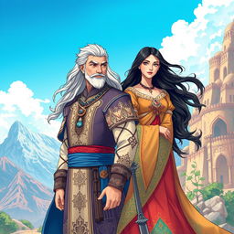 A captivating illustration of Zal and Mahreb Kabuli's daughter, set in a mythical landscape inspired by Persian mythology